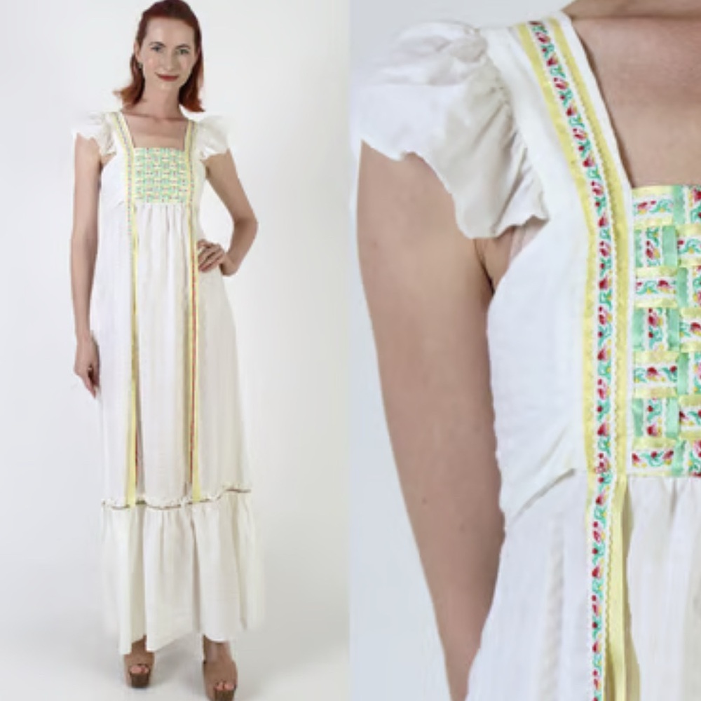 Vintage Act I New York White cottage core weave detail Maxi Dress size 6-8